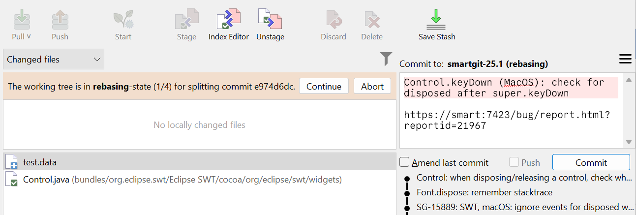 Splitting a commit showing the commit changes in the index
